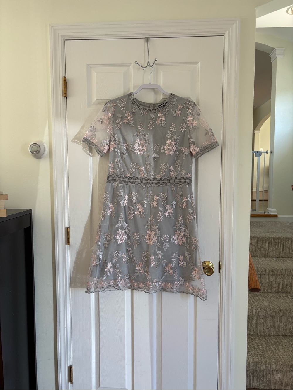 Embroidered Gray Short Sleeve Dress with Pink Floral Appliqués and Lace Design